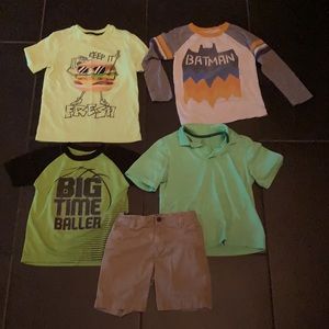 Boys 5 pc set. 1 pair shorts, 4 mixed shirts,(6-7)